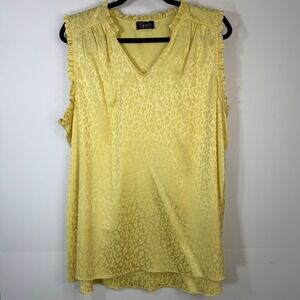 Spin USA Yellow Leopard Satin Jacquard Ruffle Sleeveless Blouse Tank Top NWT 1X